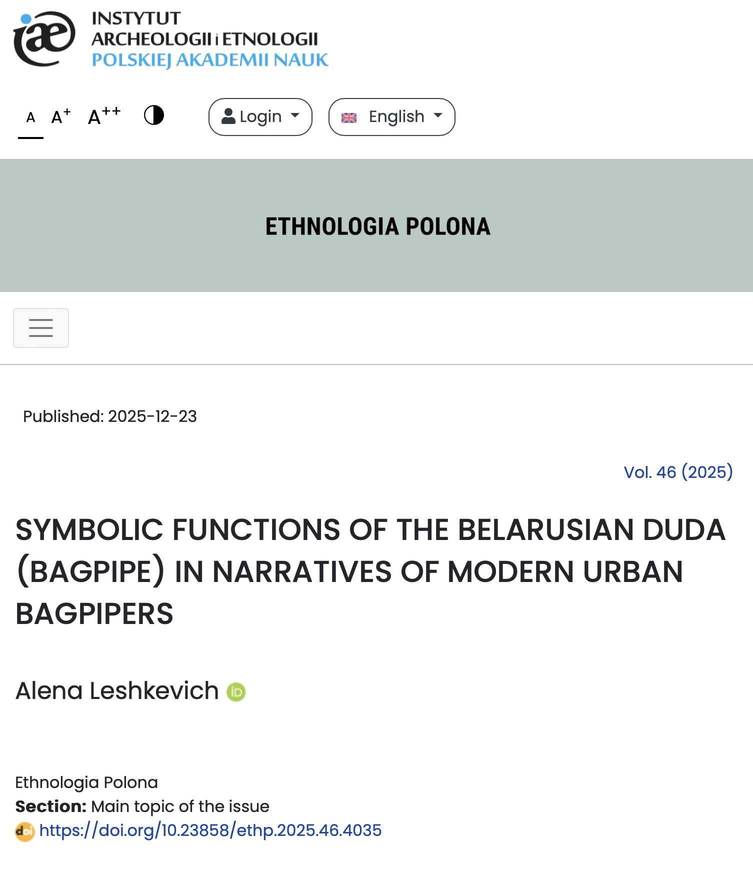 Артыкул «Symbolic functions of the belarusian bagpipe (“duda”) in narratives of modern urban bagpipers»